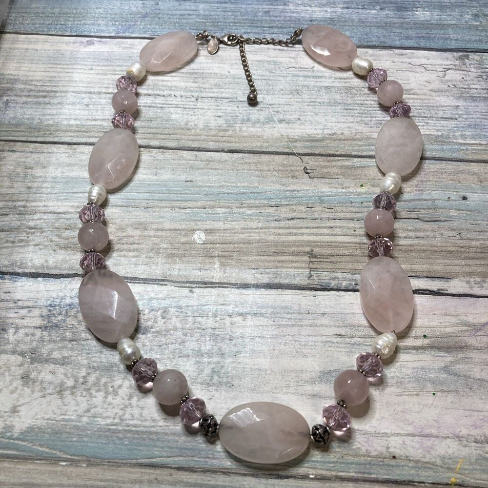 Donna Dressler Rose Quartz and Ringed Pearl Beaded‎ Necklace Sterling Silver VG